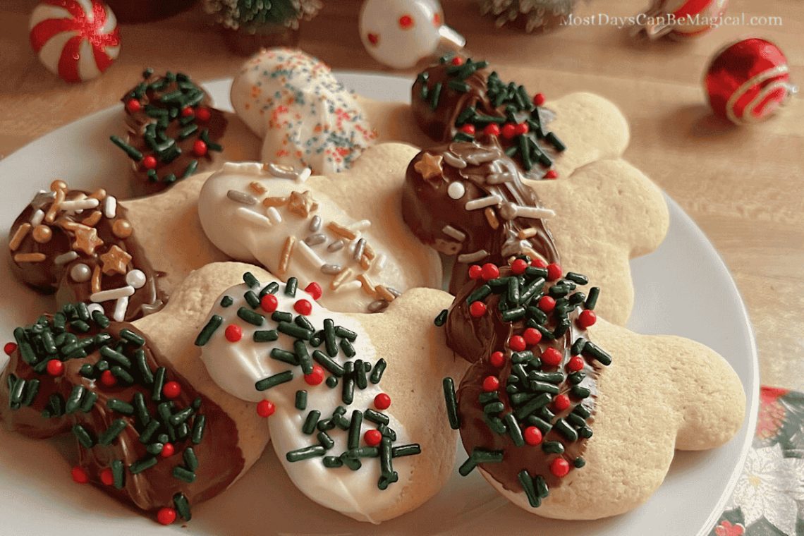 Mickey-shaped sugar cookies partially dipped in semi-sweet or white chocolate with red, green, silver, and gold sprinkles, arranged on a white plate for a cheerful Christmas in July treat.