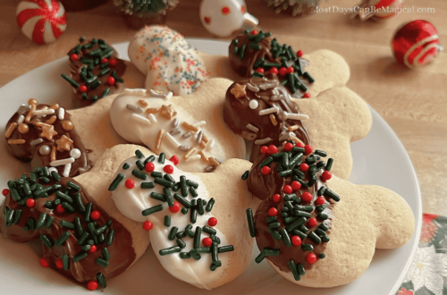 Mickey-shaped sugar cookies partially dipped in semi-sweet or white chocolate with red, green, silver, and gold sprinkles, arranged on a white plate for a cheerful Christmas in July treat.