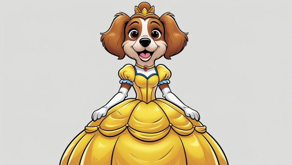 A cute brown cartoon dog in a Disney-inspired yellow ball gown and crown.
