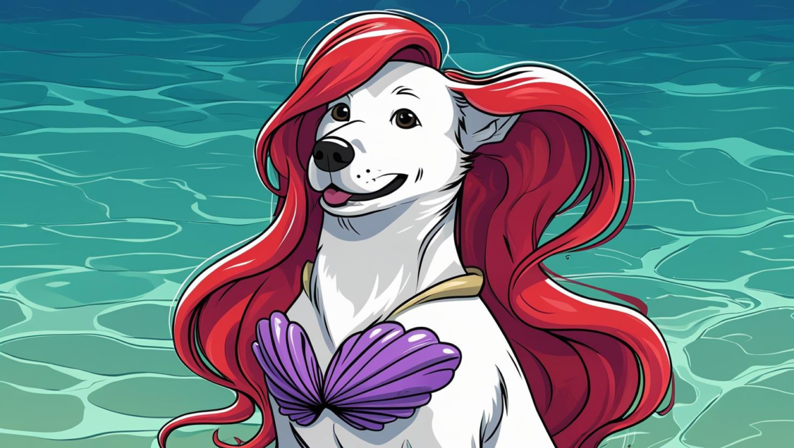 White dog dressed in a Disney-inspired princess costume featuring a red wig and purple seashell top.