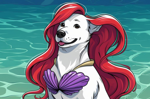 White dog dressed in a Disney-inspired princess costume featuring a red wig and purple seashell top.