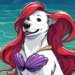 White dog dressed in a Disney-inspired princess costume featuring a red wig and purple seashell top.
