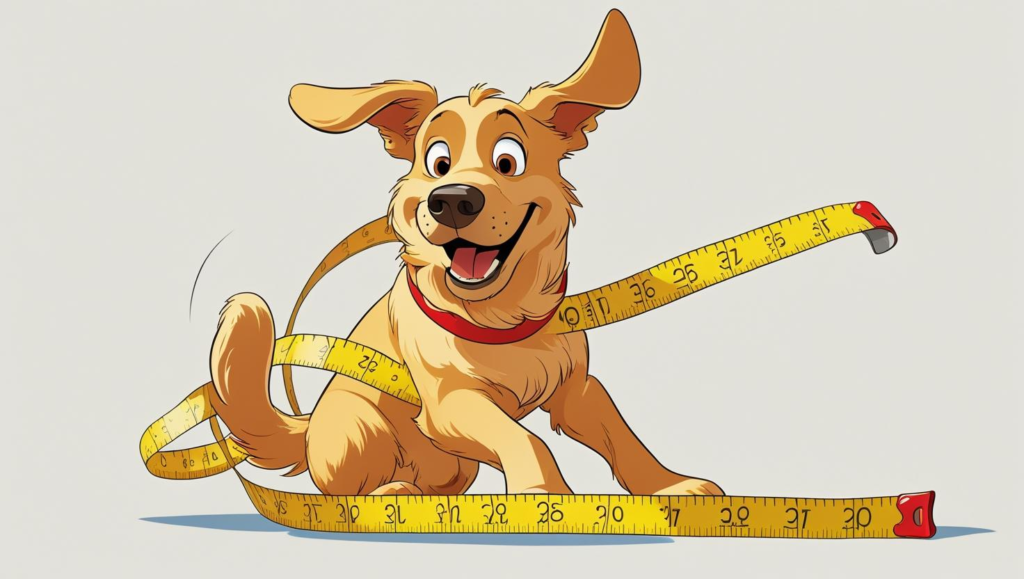 Happy Golden Retriever type dog tangled up in a yellow tape measure to get measured for a Disney-inspired Halloween costume.