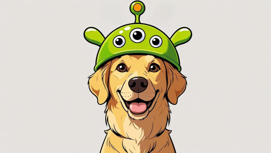 A Golden Retriever type dog in a Disney-inspired green alien hat.
