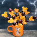Cup of Disney-inspired Halloween Fruit skewers featuring Mickey-shaped cantaloupe and grapes with a stormy sky background.