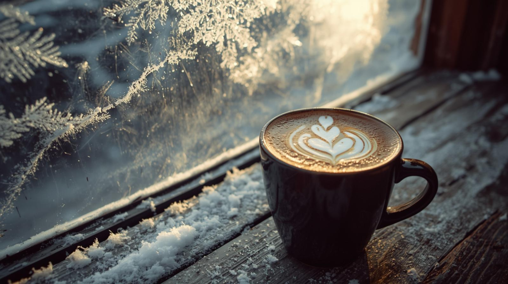 A mug containing a latte with art sits on a wintry window sill waiting for Christmas morning.