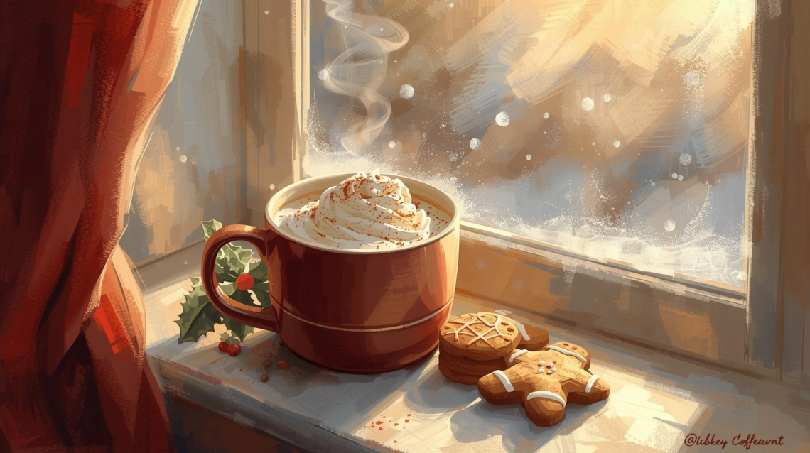 A mug of steamy coffee with whipped cream next to Christmas cookies and a foggy winter window.