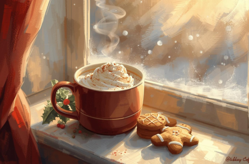 A mug of steamy coffee with whipped cream next to Christmas cookies and a foggy winter window.