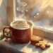 A mug of steamy coffee with whipped cream next to Christmas cookies and a foggy winter window.