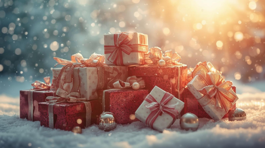 A pile of magical gifts waits to be opened on a snowy Christmas morning.