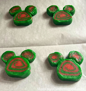 Disney-inspired Christmas pinwheel cookies ready to go into the oven.